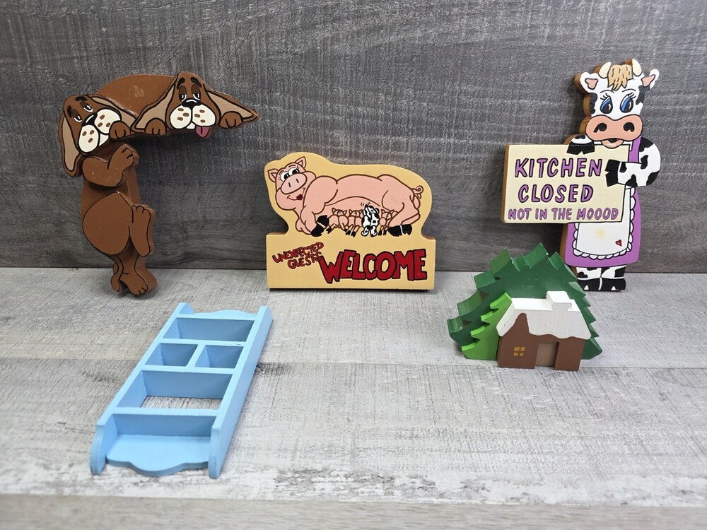 Country Farmhouse Cow Pig Decor Lot Vintage Wood Figurines Decor Set b18